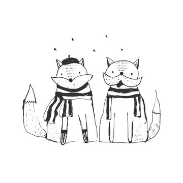 Cute sketch hand drawn outline black ink french cats couple in striped scarfs and beret. Doodle winter cat illustration for print design, greeting cards, stickers, logo