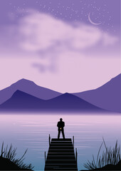Men stand on the edge of the lake to see the mountain and  night sky