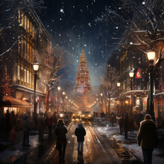 snowfall in the heartland of a Christmas town. lit up 
during the evening. generative ai  - obrazy, fototapety, plakaty