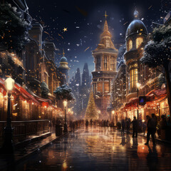 illustration of a Christmas city, confetti, illuminated Christmas tree during a winter night, winter wonderland, generative ai
