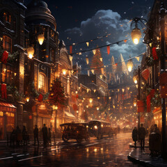 illustration of an old Victorian village with Christmas decorations, Christmas banners and lights, generative ai