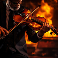 man in a suit, playing a violin, in front of a fire, generative ai 