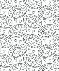 donut seamless pattern black on white background. Donut icon in a flat style. Seamless pattern, background, card, poster. Template for design. black and white