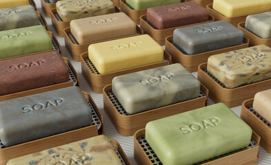 Realistic Colorful Bars of Craft Soap on Wood Dishes. 3D illustration.