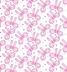 Cute seamless pattern with beautiful hand drawn pink bows. Vector doodle illustration. Cloth design, wallpaper, wrapping.