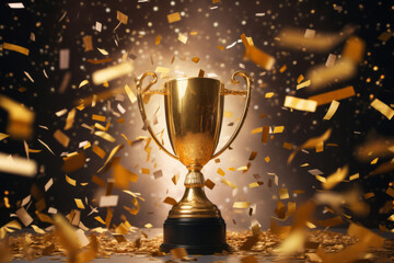 Gold first place winners trophy with falling confetti and streamers