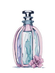 watercolor vintage perfume glass bottle, hand drawn illustration of transparent perfume flacon isolated on white background