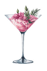 Hand drawn watercolor illustration of summer fresh cocktail with strawberries. Isolated on the white background, in vector