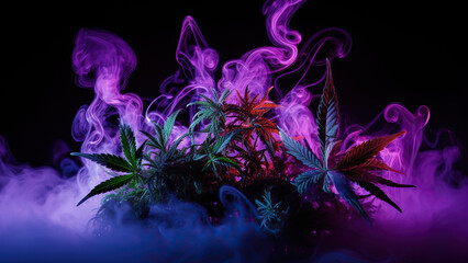 Marijuana leaves in white smoke, and in neon light, on a black background