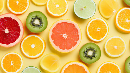 Fototapeta na wymiar Sliced fresh fruits are placed throughout the background, on a white background
