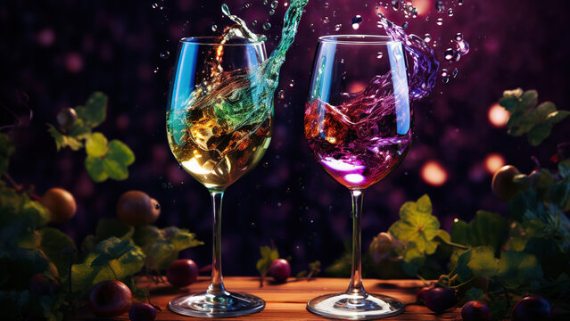Two glasses of white wine with splashes of white wine on a colored background, 3D rendering