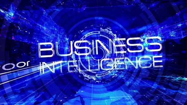 Business Intelligence glow text motion flare effect futuristic hitech cinematic trailer title background on blue HUD animation abstract background  