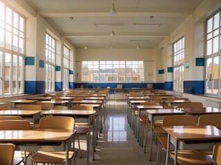 Classroom with a large table and window and chairs 