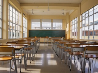 Classroom with a large table and window and chairs 