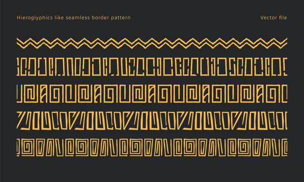 hieroglyphics like and african or aztec ethnic tribe pattern like border seamless pattern set for design decoration