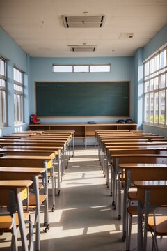 Classroom with a large table and window and chairs 