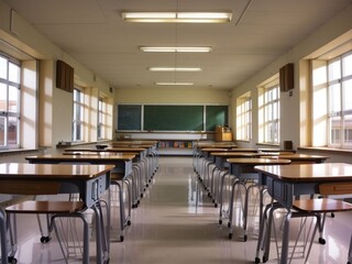 Classroom with a large table and window and chairs 