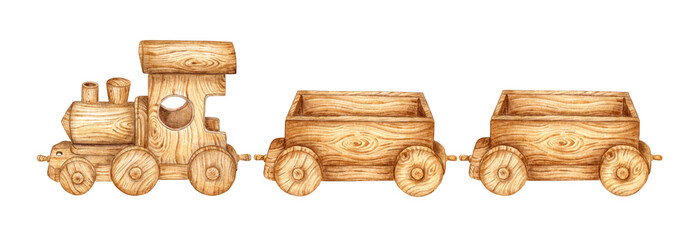 Naklejka premium Children's toy wooden train and two carts. Watercolor illustration of transport for small children on an isolated background. Drawing of a toy train for children's design.