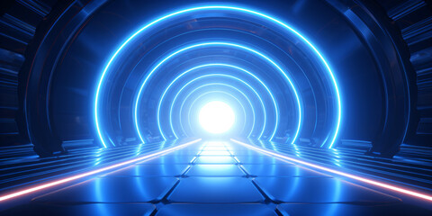 abstract background with glowing neon lines, ultraviolet lights. Futuristic tunnel - created with AI