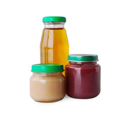 Healthy baby food and bottle with juice on light grey background