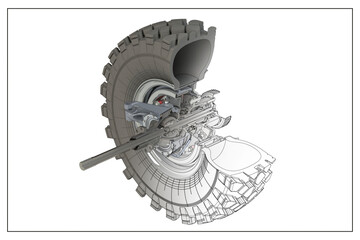 3D design of a wheel hub and automotive suspension with exploded view.