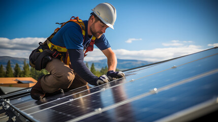 A handyman installing solar panels on the rooftop. Solar power engineer installing solar panels, on the roof, electrical technician at work, alternative renewable green energy generation concept
