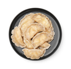 Plate of delicious dumplings (varenyky) with cottage cheese isolated on white, top view