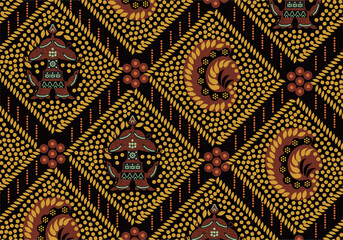 Indonesian Batik, a dyeing technique with wax applied to cloth. Development of Sidomukti motifs with various colors
