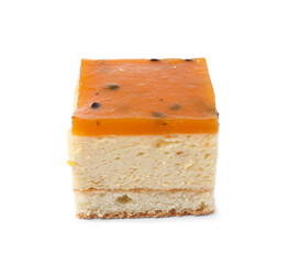 Piece of cheesecake with jelly on white background