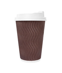 Brown paper cup with plastic lid isolated on white. Coffee to go
