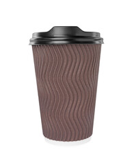 Brown paper cup with plastic lid isolated on white. Coffee to go