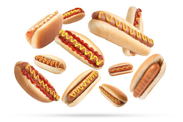 Many tasty hot dogs falling on white background