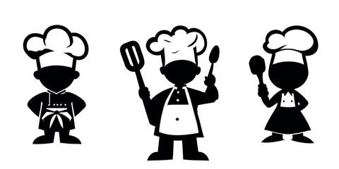 Cartoon chef in a hat, black silhouette on transparent background vector set