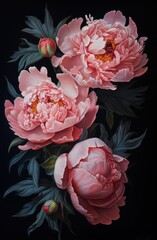 two pink peonies are sitting together against a dark background. Generative AI