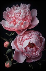 two pink peonies are sitting together against a dark background. Generative AI