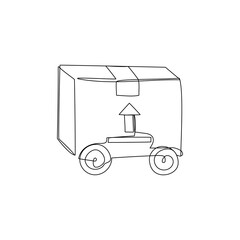 Continuous one line drawing of box on wheels. Online shopping and delivery concept. Simple vector illustration