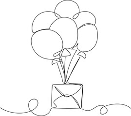 Continuous one line drawing of flying on balloons envelope. Online shopping and delivery concept. Simple vector illustration