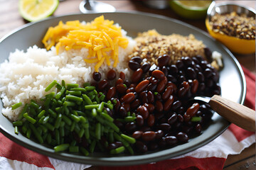 Close-up of a typical Brazilian dish rice and beans, deliciously ready to be savored. Generated by AI