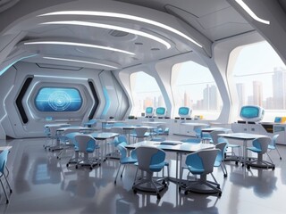 Fototapeta premium Futuristic classroom with a large screen and table with chairs and windows 