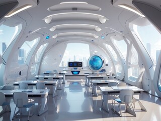 Obraz premium Futuristic classroom with a large screen and table with chairs and windows 
