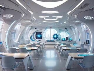 Fototapeta premium Futuristic classroom with a large screen and table with chairs and windows 