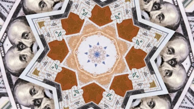 American paper dollars creative ornament kaleidoscope. Close-up banknotes US 100 dollar bills abstract background. 