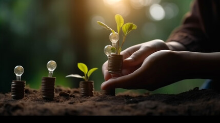 Nurturing Business Ideas: Plant Growth from Coins with Blooming Lightbulbs - Made with Generative A