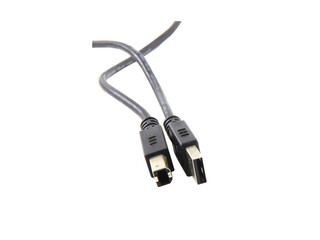 Black wire cable of usb and adapter isolated on white background.Electronic Connector.Selection focus.