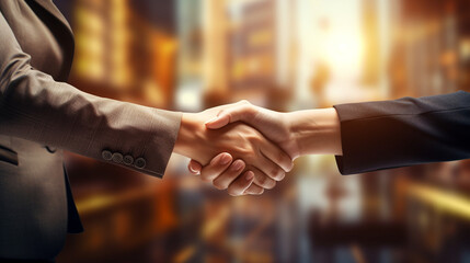 Embracing the Concept of Empowering Business Connections in the Era of Technological Advancement: Two Strong-Willed Businesswomen, Dressed in Elegant Suits, Firmly Shake Hands, Symbolizing Trust and C