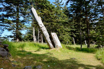 Historic Totem Poles at Skedans, Haida Gwaii, BC, Canada