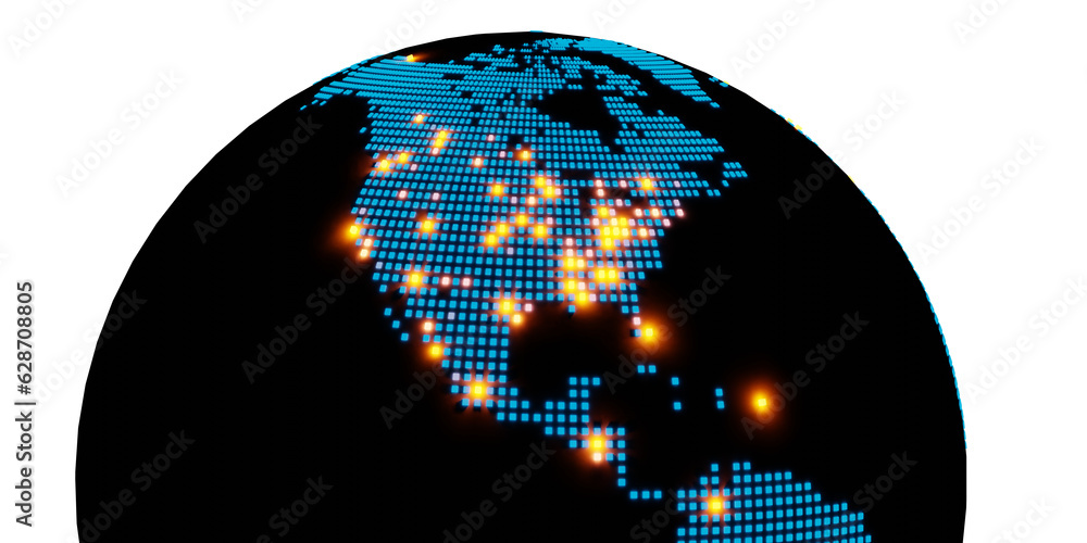 Poster a half-round globe-style map of the united states with large cities highlighted by stylized dots. 3d