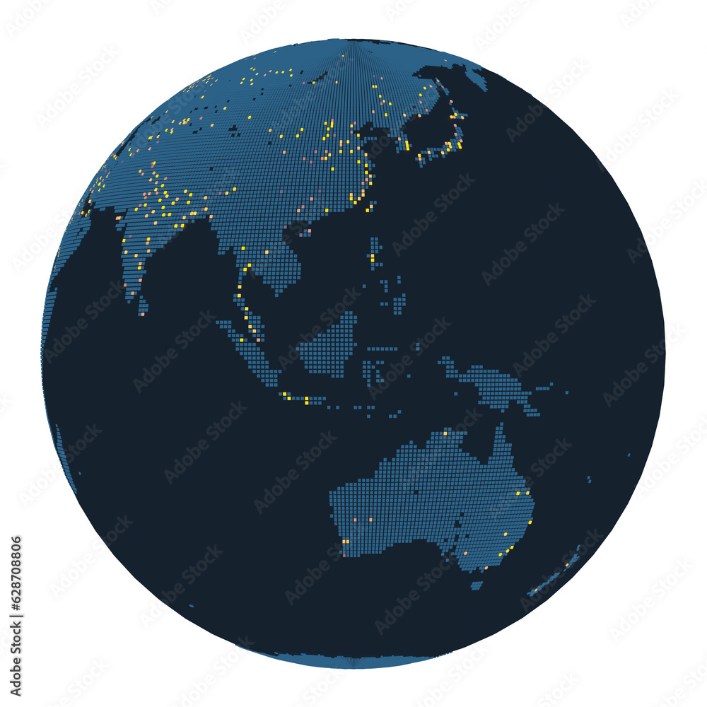 Poster a map of the continent of asia on a round globe with the big cities highlighted in stylish dots.3d r