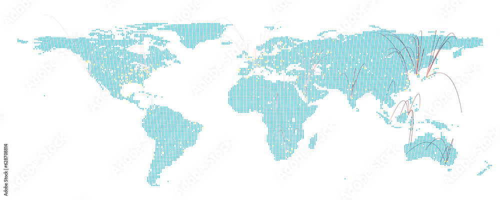 Poster a background representing exports, imports or connected networks on a world map with large cities il
