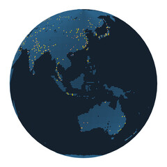 A map of the continent of Asia on a round globe with the big cities highlighted in stylish dots.3d rendering © AddMeshCube